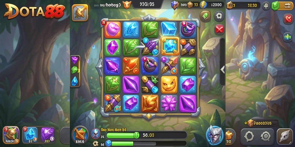 Tampilan gameplay Match-3 DOTA88 yang penuh warna dan seru.