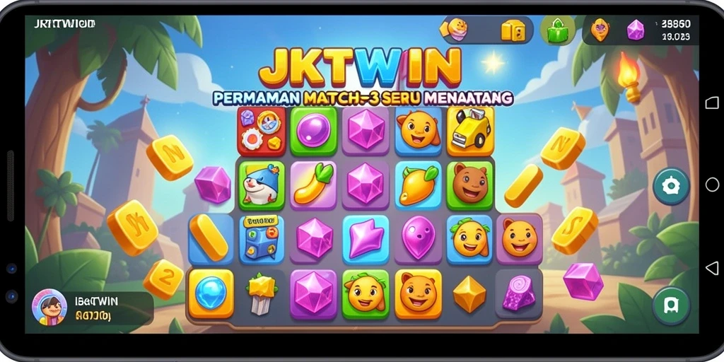 Tampilan gameplay JKTWIN dengan kombinasi permata yang ceria.
