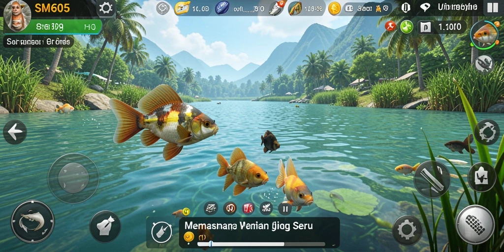 Screenshot gameplay SM605 menampilkan aksi memancing yang mendebarkan.